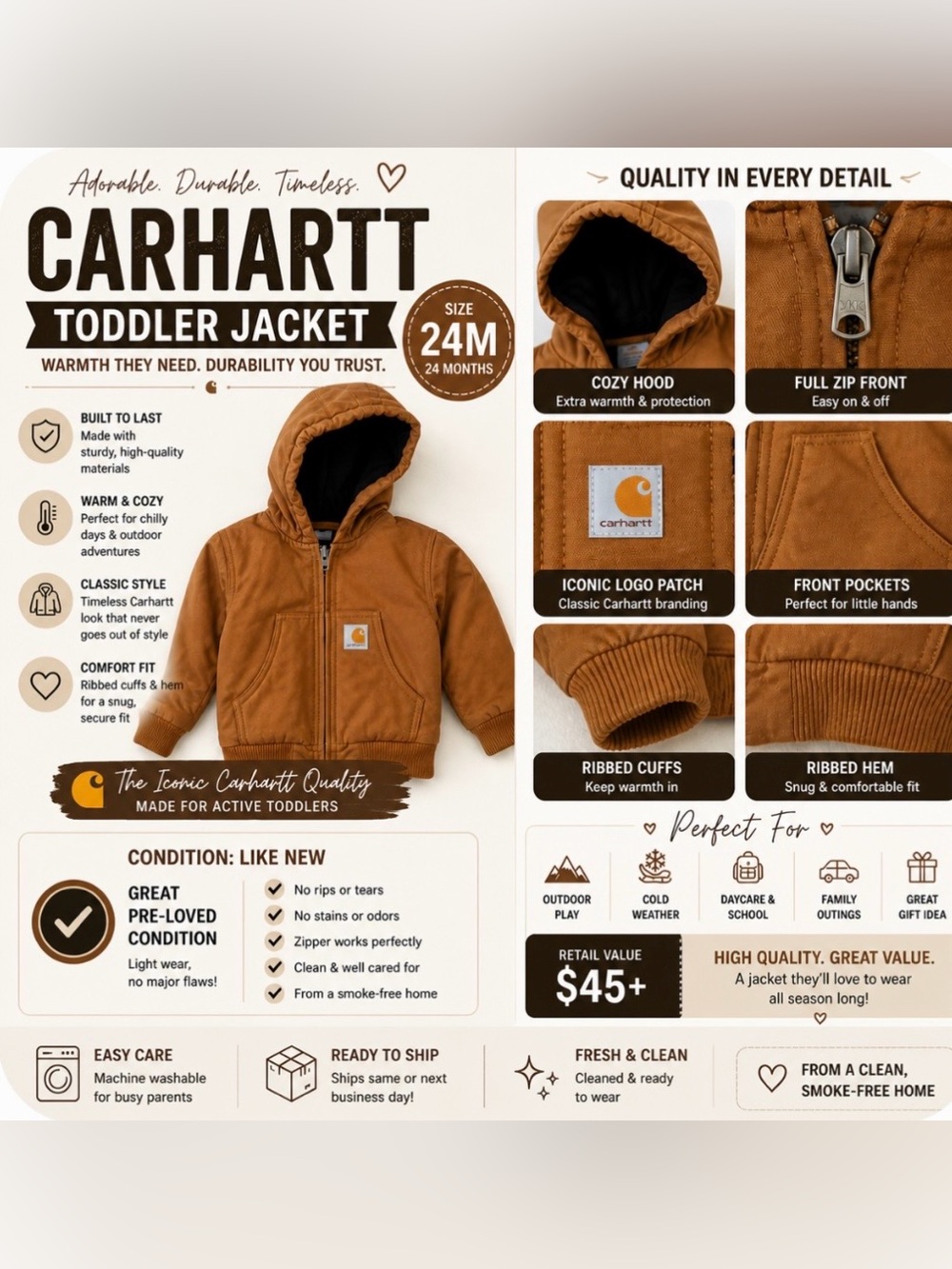 Carhartt Toddler Jacket 24M | Brown Hooded Zip-Up Coat | Durable Warm
